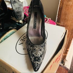 Black satin embellished heels